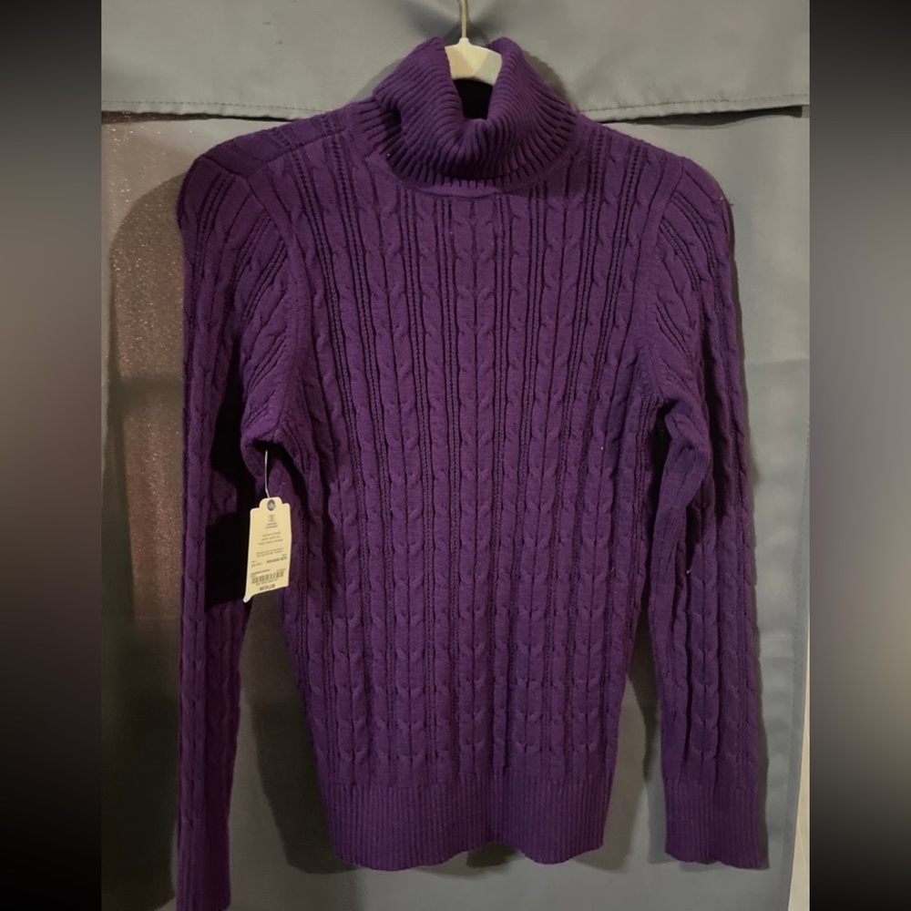 Plum turtleneck cable knit sweater